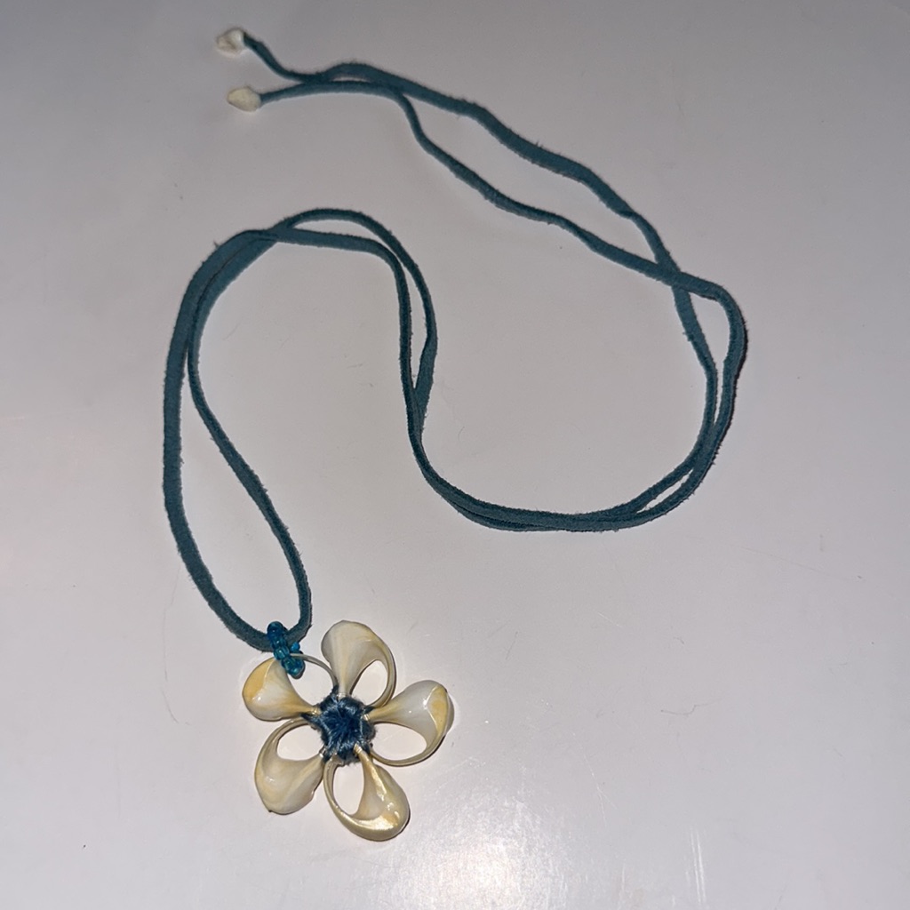 Handmade One Of A Kind Blue Sueded Leather Necklace With Shell Pendant & Ends